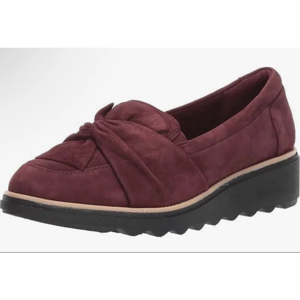 Women's Clarks Burgundy Suede Loafers with Black Sole
